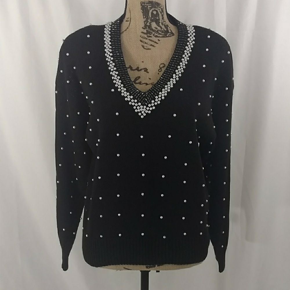 VTG Instant Action Pearl Beaded Black Sweater Sz S